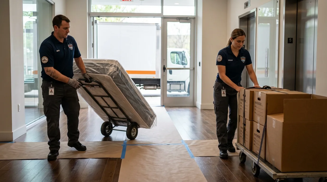 Professional apartment movers loading elevator in Arapaho, OK