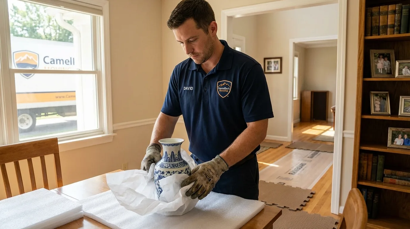 Professional crew carefully wrapping antique vase for senior downsizing move in Arapaho, OK